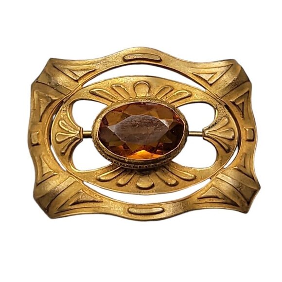 Buckle Style Czech Glass Brooch Light Brown Boho Stone Gold Tone Setting - Picture 1 of 10